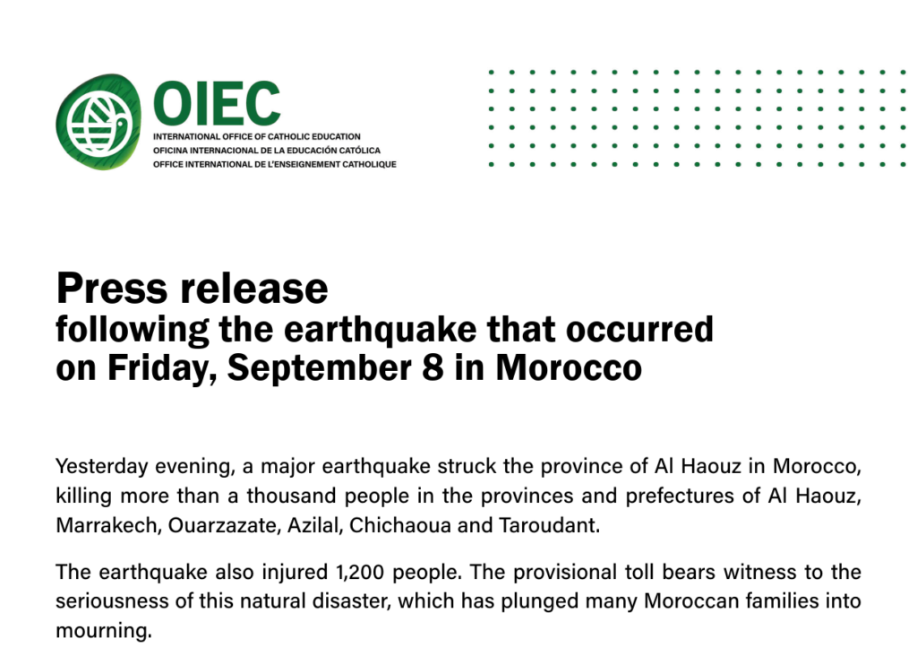 Press release following the earthquake that occurred on Friday, September 8 in Morocco